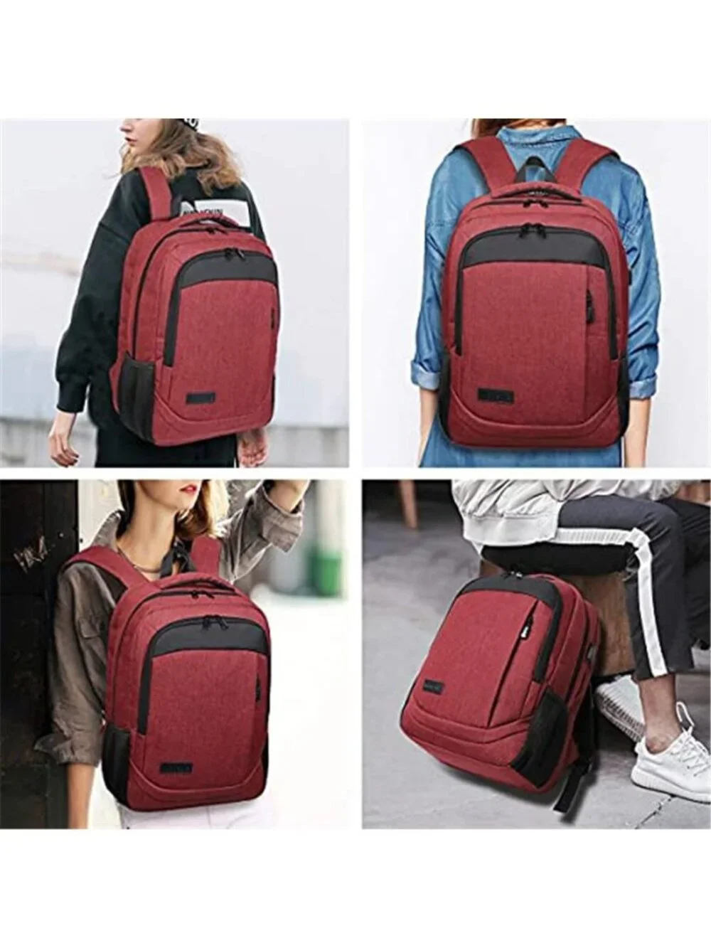 Red Laptop Backpack 15 in Waterproof Travel Work Bag USB Anti Theft Carry On Bag